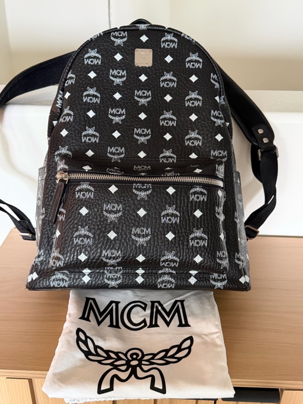 MCM Black and White Logo Monogram Backpack